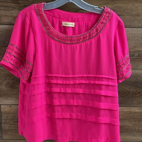 Sugar + Lips Hot Pink Embellished Short Sleeve Tiered Blouse Hot Pink Medium - Picture 2 of 10